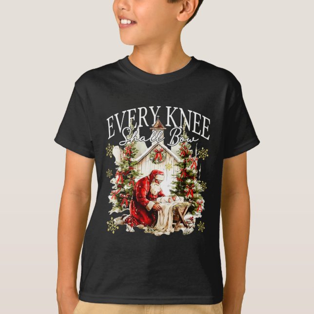 Every Knee Shall Bow Jesus Birth Christian Santa C T-Shirt (Front)