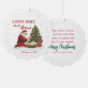 Every Knee Shall Bow Santa and Nativity Christmas Ornament Card
