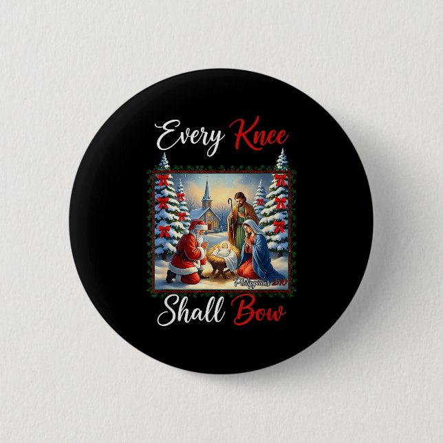 Every Knee Shall Bow Santa Christmas Nativity Scen 2 Inch Round Button (Front)