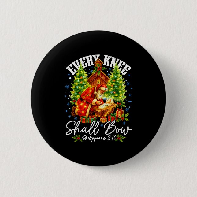 Every Knee Shall Bow Santa Christmas Nativity Scen 2 Inch Round Button (Front)