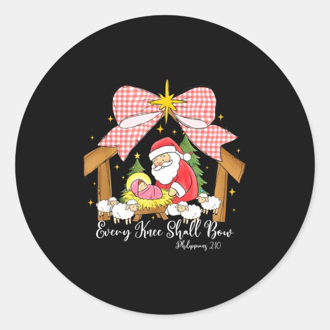 Every Knee Shall Bow Santa Christmas Nativity Scen Classic Round Sticker (Front)
