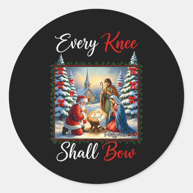 Every Knee Shall Bow Santa Christmas Nativity Scen Classic Round Sticker (Front)