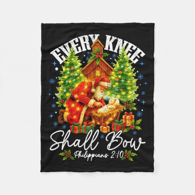 Every Knee Shall Bow Santa Christmas Nativity Scen Fleece Blanket (Front)