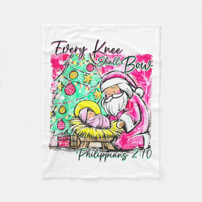 Every Knee Shall Bow Santa Christmas Nativity Scen Fleece Blanket (Front)