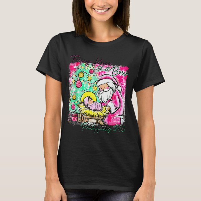 Every Knee Shall Bow Santa Christmas Nativity Scen T-Shirt (Front)