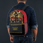 Everyday Heroes Firefighters Courage Printed Backpack<br><div class="desc">This custom First Responders fishing backpack Bag features A firefighter in gear battles a blaze with a hose in front of a fire truck, the flames behind them show bravery in a dramatic scene. symbolizing bravery and heroism, Made of high-quality materials, this First Responder camping hiking travel Bag is not...</div>