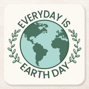 Everyday Is Earth Day - Vintage Green Earth Lover Square Paper Coaster