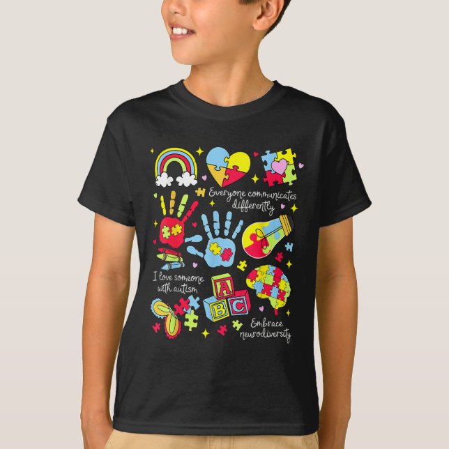 Everyone Communicates Differently Autism Awareness T-Shirt (Front)
