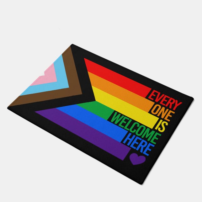 Everyone is Welcome Here (Progress Pride) Flag Ban Doormat (Angled)