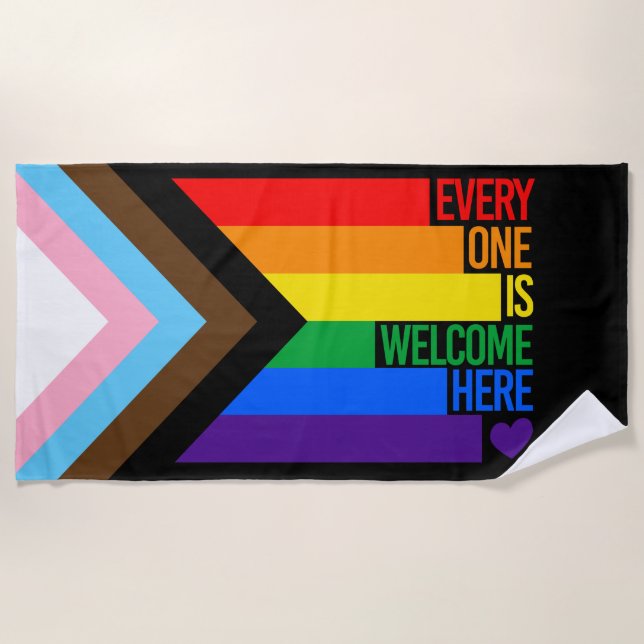 Everyone is Welcome Here (Progress Pride) Flag Beach Towel (Front)