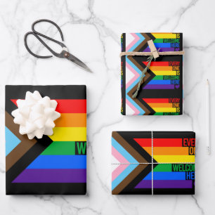 Everyone is Welcome Here (Progress Pride) Flag Wrapping Paper Sheet