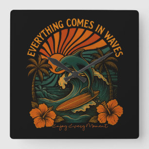 Everything Comes In Waves Retro Square Wall Clock
