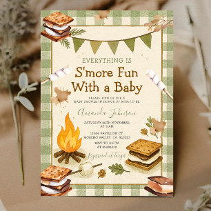 Everything S'more Fun Green Baby Shower Gingham Invitation