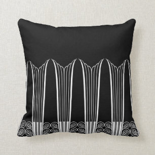 EVE'S BALCONY, Art Deco Ironwork in White on Black Throw Pillow