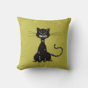 Evil Black Cat Olive Green Throw Pillow