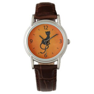 Evil Black Cat Silhouette Cool Orange Watch