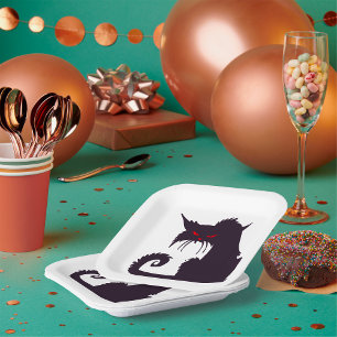 Evil Black Cat Silhouette with Red Eyes Paper Plate