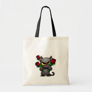 Evil Black Grey Cat Holding Red Roses Cool Tote Bag