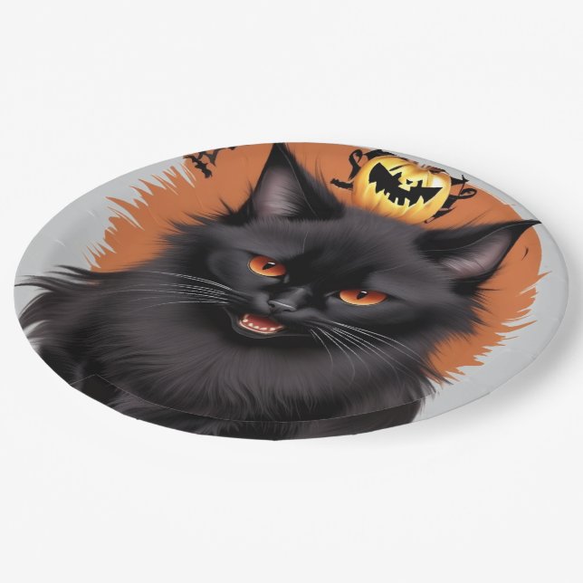Evil Blck Cat Halloween Party Paper Plates (Angled)