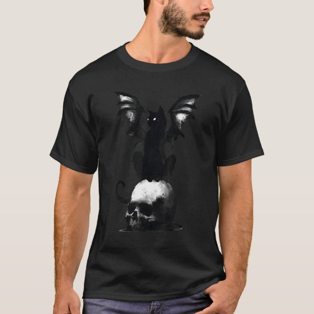 Evil Cat Bat Skull Devil Scary Costume Halloween T-Shirt (Front)