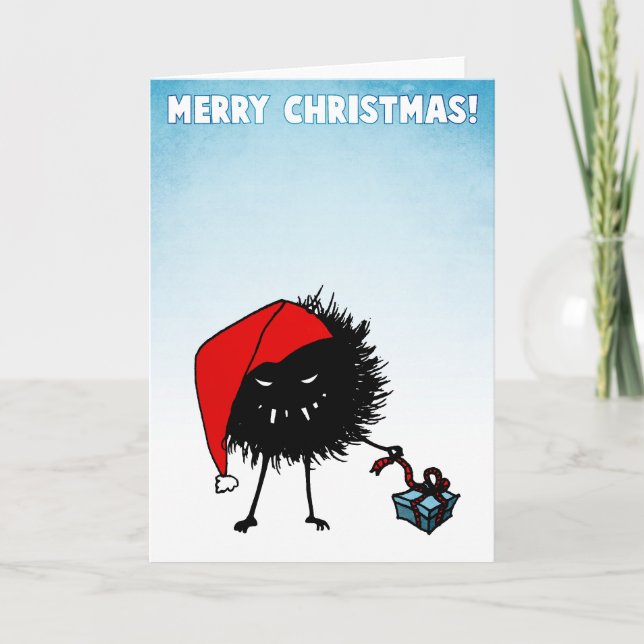 Evil Christmas Bug Opening Present Holiday Card (Front)