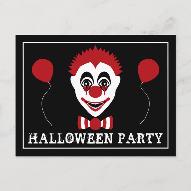 Evil Clown, Halloween Party Announcement Postcard (Front)