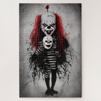 Evil Clown Kid Holding A Scary Clown Head Jigsaw Puzzle