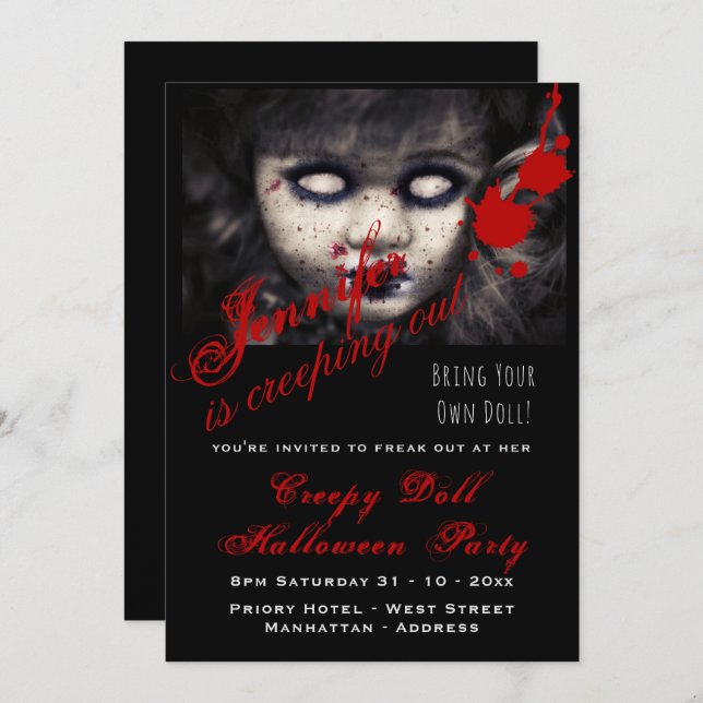EVIL DOLL Halloween Invitation Mort Déplaisante ef (Devant / Derrière)