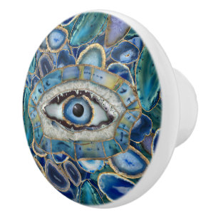 Evil Eye Amulet Blue Geodes and Crystals Ceramic Knob