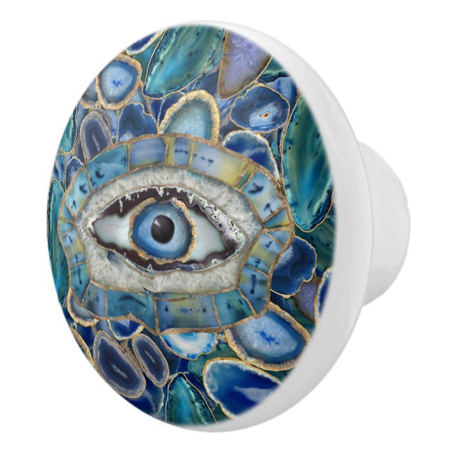 Evil Eye Amulet Blue Geodes and Crystals Ceramic Knob (Right)