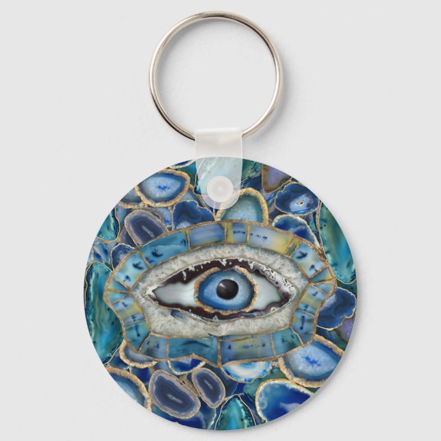 Evil Eye Amulet Blue Geodes and Crystals Keychain (Front)