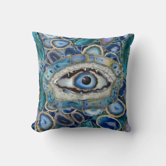 Evil Eye Amulet Blue Geodes and Crystals Throw Pillow (Front)