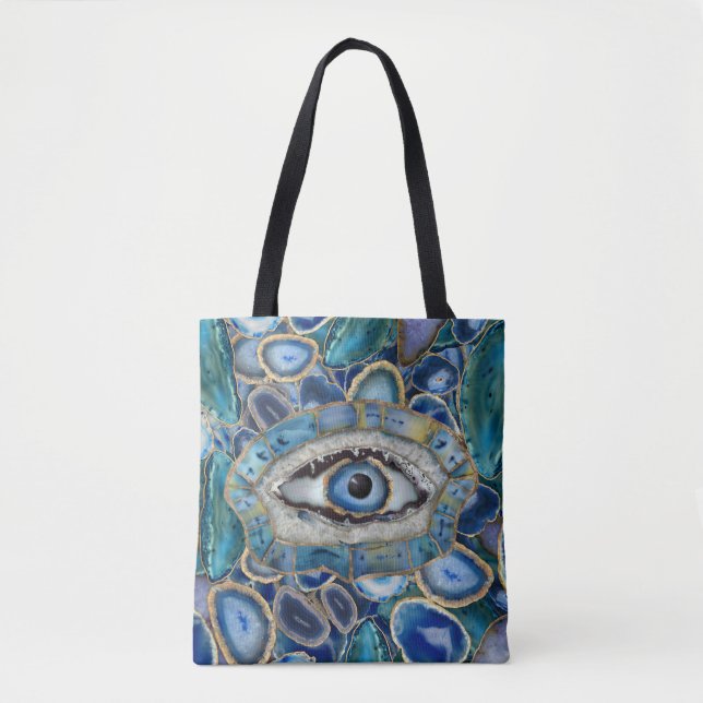 Evil Eye Amulet Blue Geodes and Crystals Tote Bag (Front)