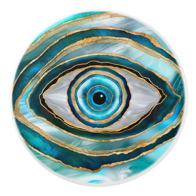 Evil Eye Amulet Watercolor marbles and gold Ceramic Knob (Front)