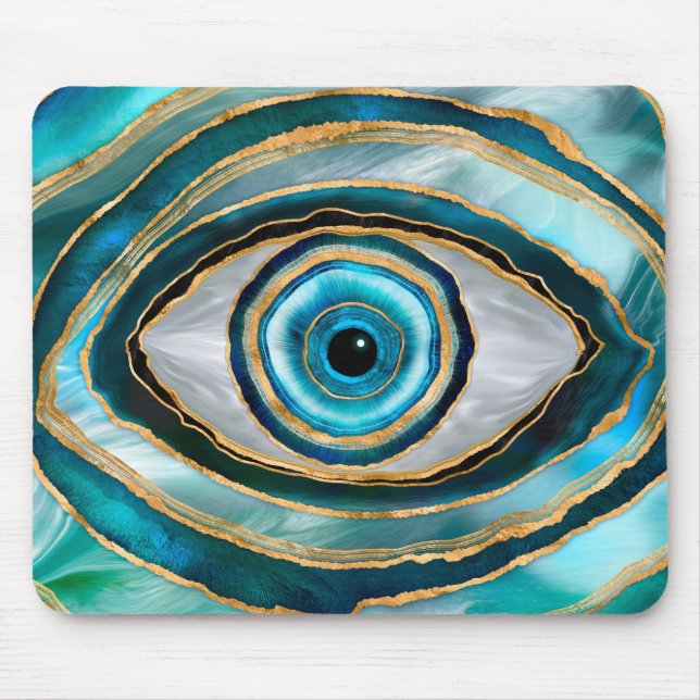 Evil Eye Amulet Watercolor marbles and gold Mouse Pad (Front)