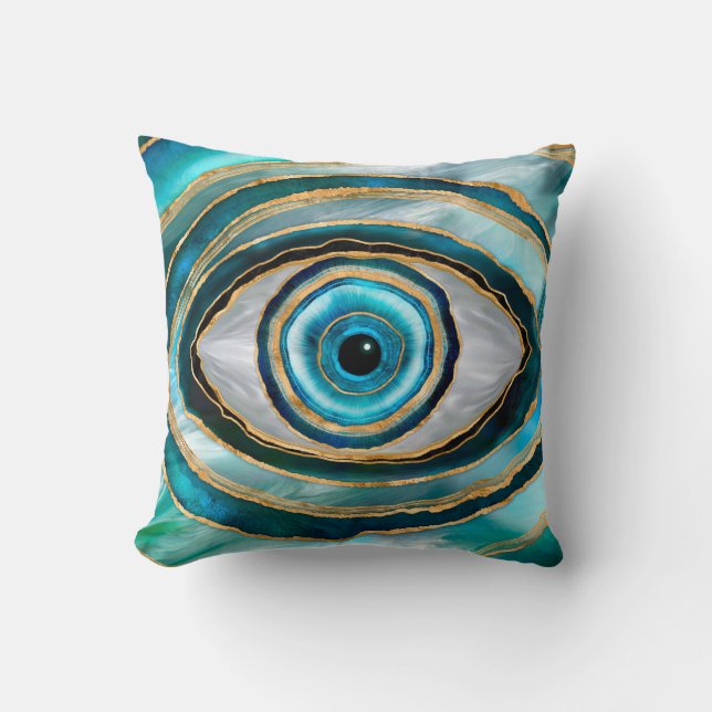 Evil Eye Amulet Watercolor marbles and gold Throw Pillow (Front)