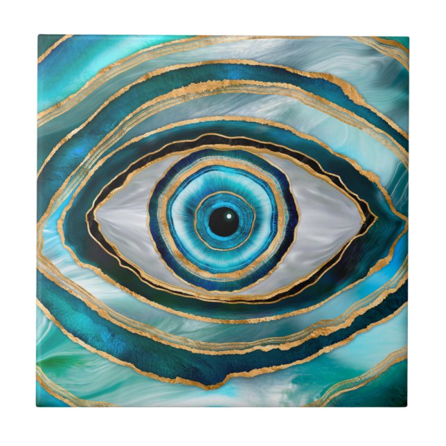 Evil Eye Amulet Watercolor marbles and gold Tile (Front)
