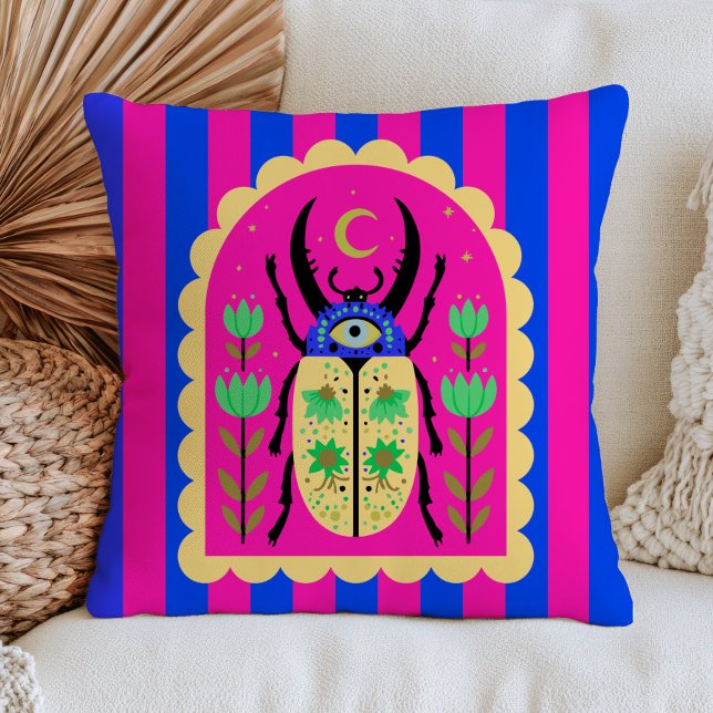 Evil Eye Beetle Celestial Insect Colourful Striped Throw Pillow (Creator Uploaded)