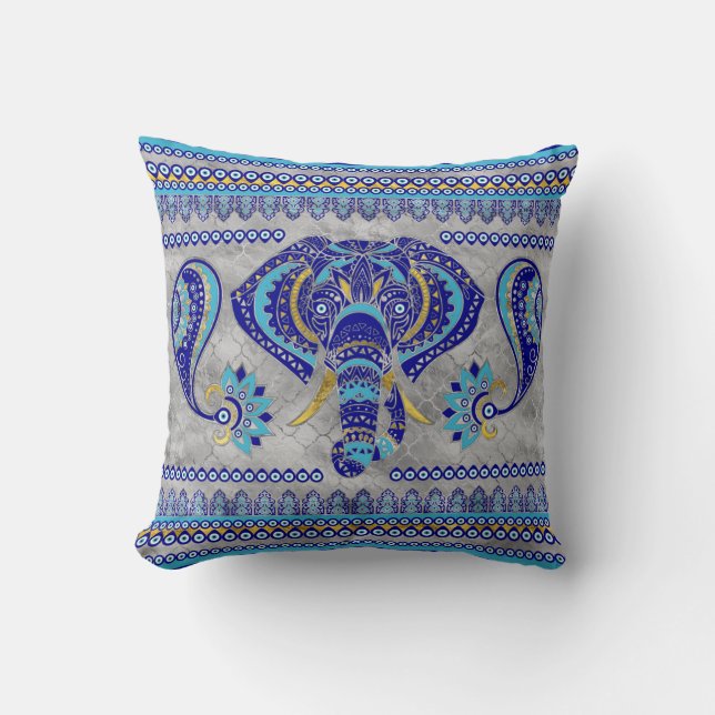 Evil Eye Elephant Ornamental Pattern Throw Pillow (Front)