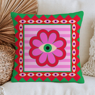 Evil Eye Flower Dopamine Aesthetic Red& Green Throw Pillow