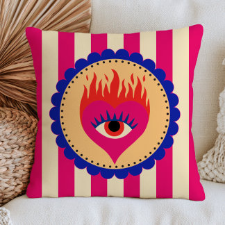 Evil Eye Heart in Flames Funky Folk Art Striped Throw Pillow