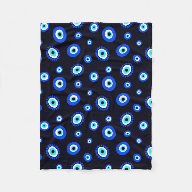 Evil Eye Midnight Blue and Aqua Greek Eye Pattern Fleece Blanket (Front)