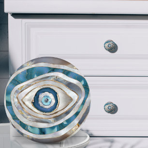 Evil Eye Mineral textures and gold Ceramic Knob