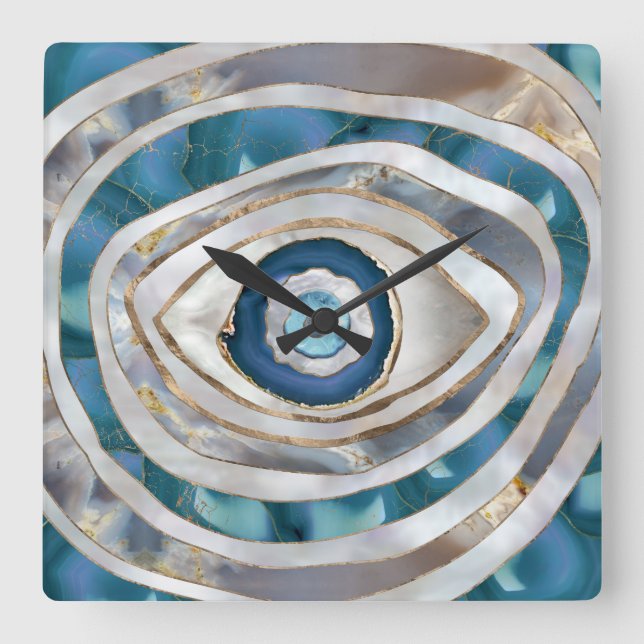 Evil Eye Mineral textures and gold Square Wall Clock (Front)