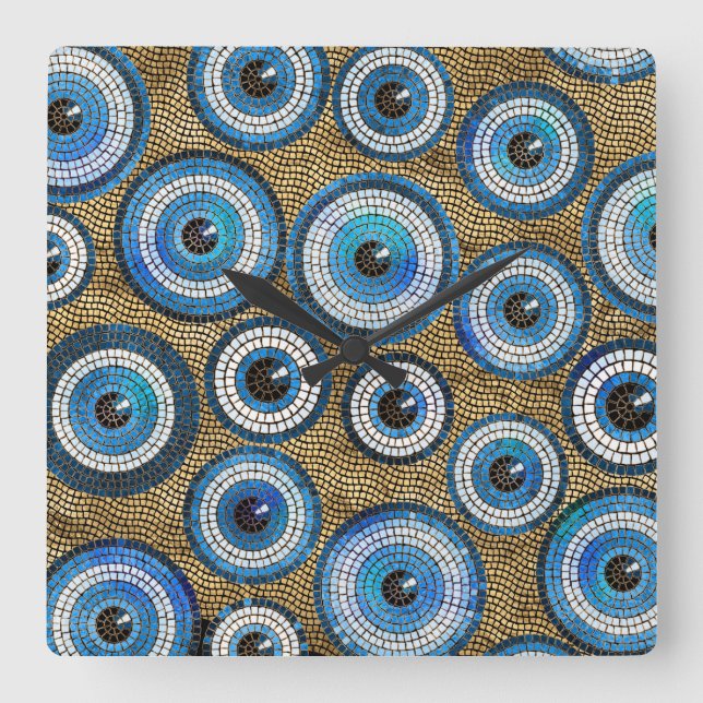 Evil Eye Mosaic Tile Pattern Square Wall Clock (Front)