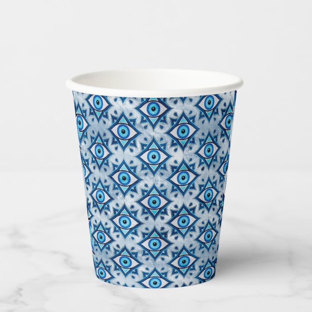 Evil Eye Ornament Pattern -  Blues and silver Paper Cups (Front)