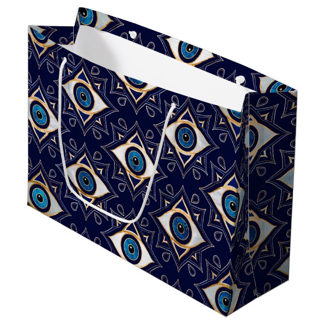 Evil Eye Ornament Pattern -  Dark Blue and gold Large Gift Bag (Front Angled)