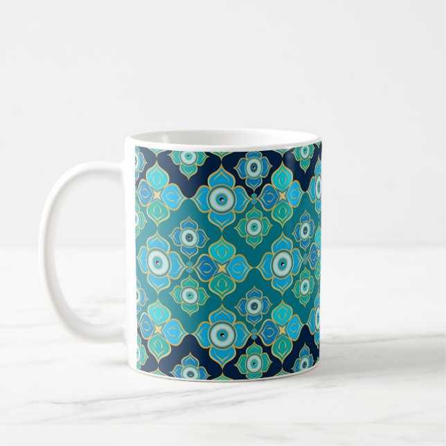 Evil Eye Pattern - Blue Teal and gold Coffee Mug (Left)