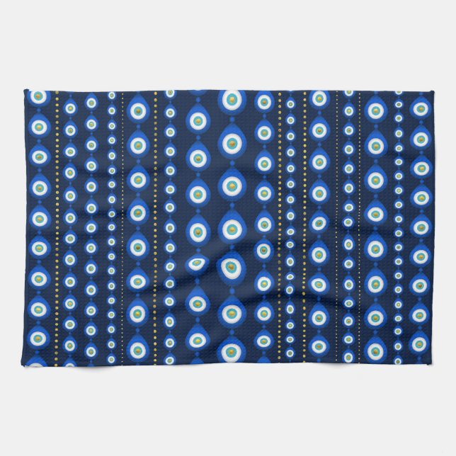 Evil Eye pattern - dark blue with golden accents Kitchen Towel (Horizontal)