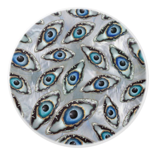 Evil Eye Pattern Geodes and Crystals on pearl Ceramic Knob (Front)